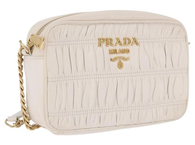 PRADA Gathered Chain Shoulder Bag Leather White Gold Auth 200485V Golden