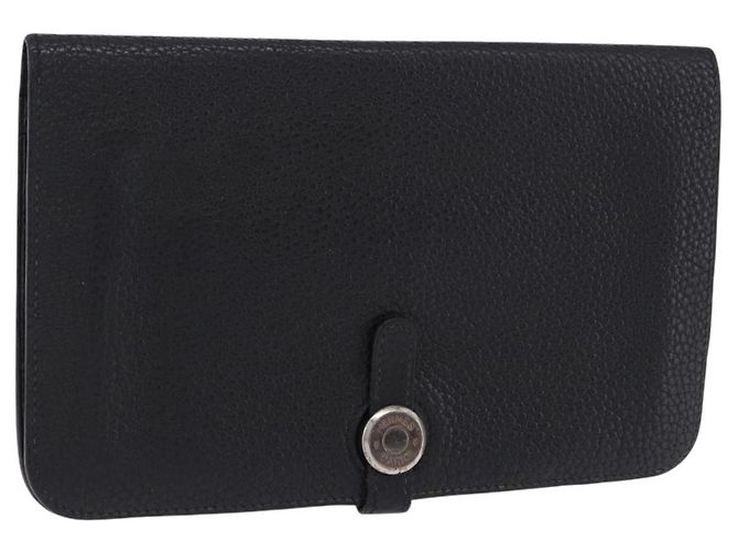 Hermès HERMES Dogon GM Wallet Leather Black Silver Auth 203322