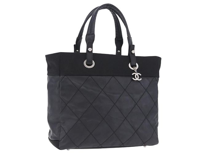 CHANEL Paris Biarritz Handtasche PVC Canvas Black Silver CC Auth 202681V Schwarz Silber