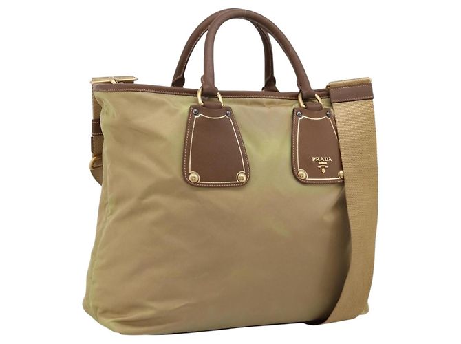 Bolsa de Mão PRADA Nylon Couro 2way Bege Gold Auth 203008 Dourado