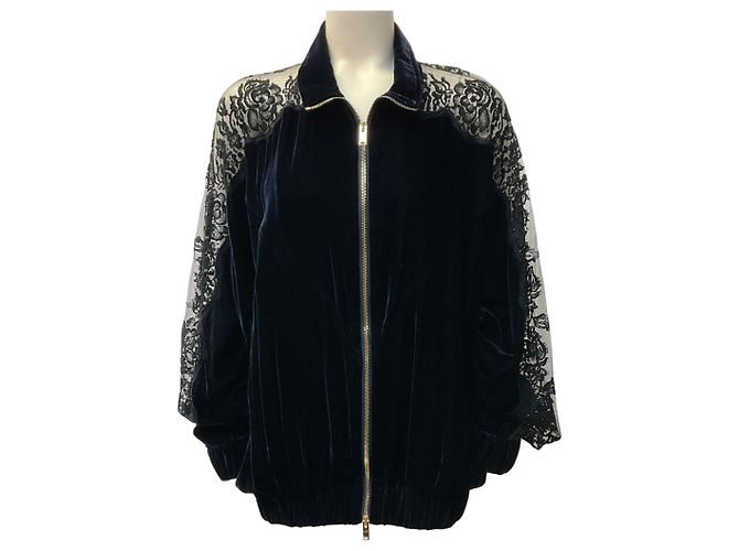 Stella Mc Cartney Giacca Bomber Stella McCartney in velluto blu navy con maniche in pizzo
