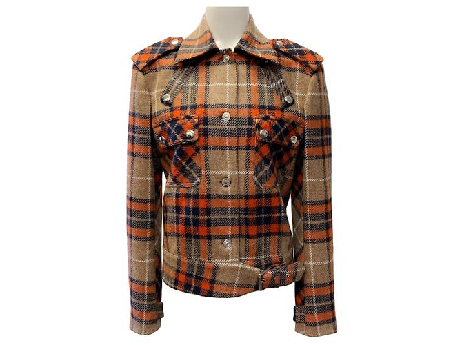 Barbara Bui Orange / Navy / Beige Wool Plaid Jacket with Belted Hem