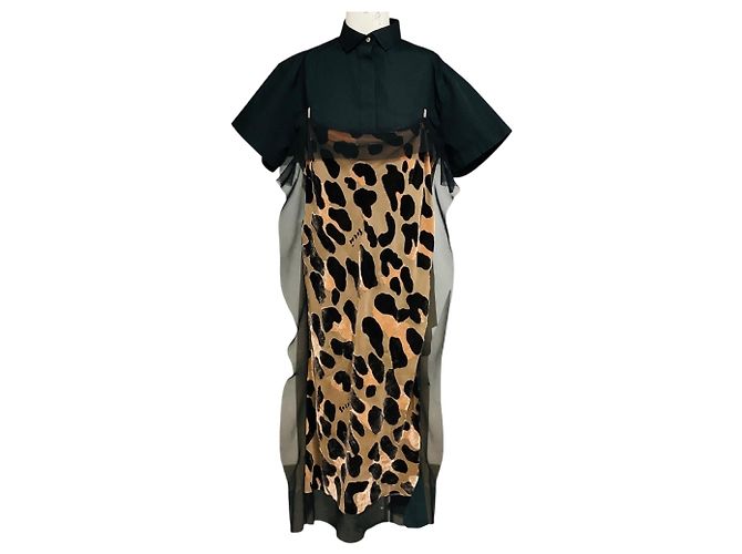 Sacai Tan / Black Multi Mixed Media Leopard Print Midikleid Mehrfarben