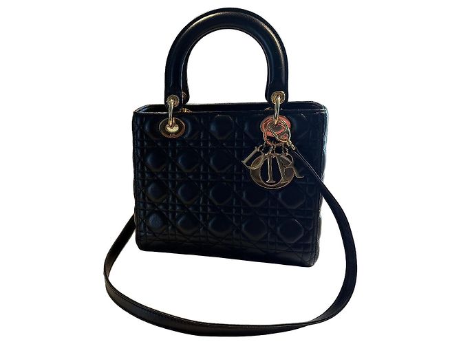 Christian Dior Lady Dior Medium Borsa a Mano in Pelle Nera Nero