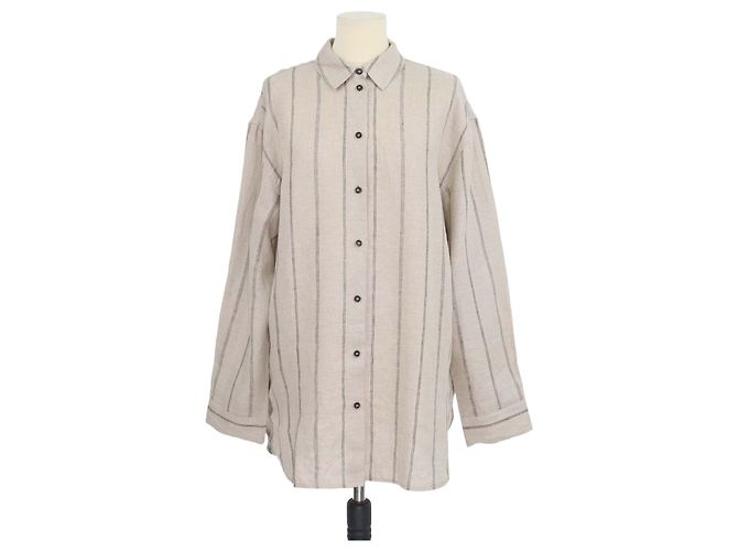 Autre Marque 12 Storeez Leinenhemd, grau-beige gestreift