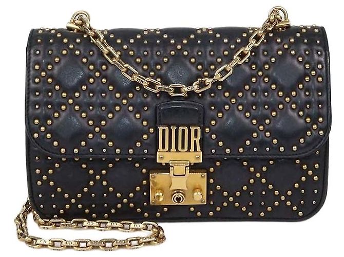 Bolsa de aba DiorAddict média em couro acolchoado com tachas pretas Christian Dior Preto
