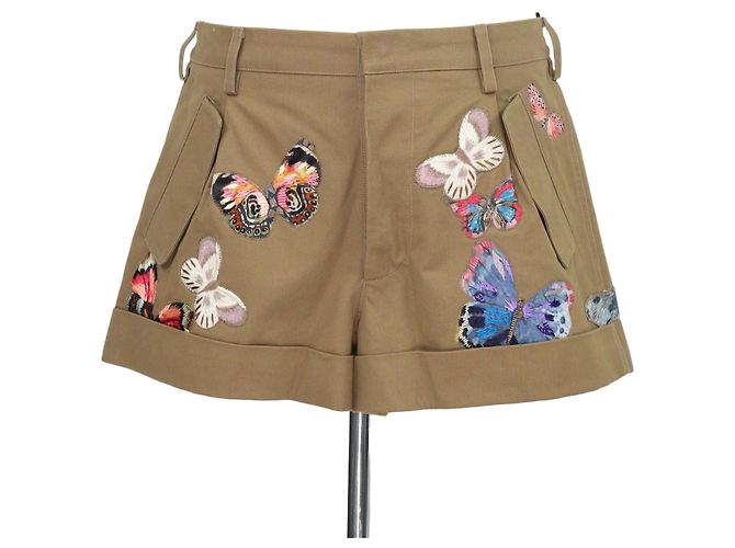Shorts Mini em Algodão Cáqui com Bordado de Borboleta Valentino Verde
