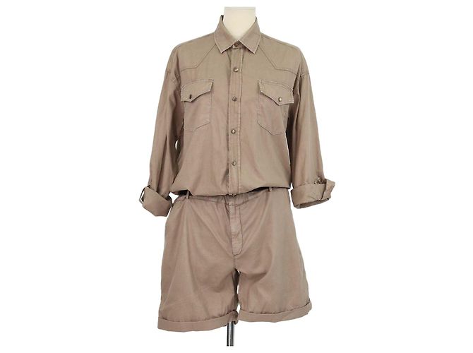 Mono corto cinturado de algodón beige con cuentas Brunello Cucinelli