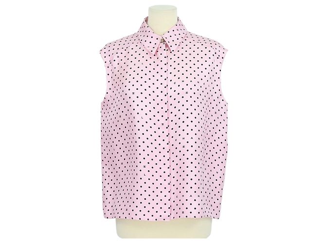 Camisa sem mangas Chanel em seda rosa com bolinhas