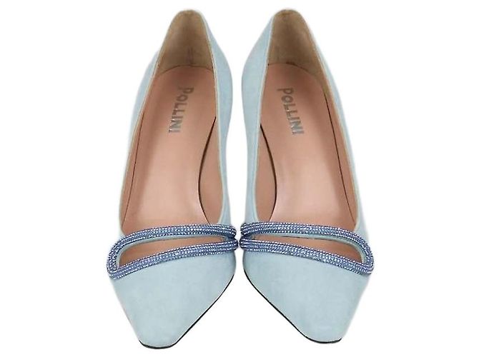 Escarpins Pollini Sky Blue Suede Bling Bling Bleu