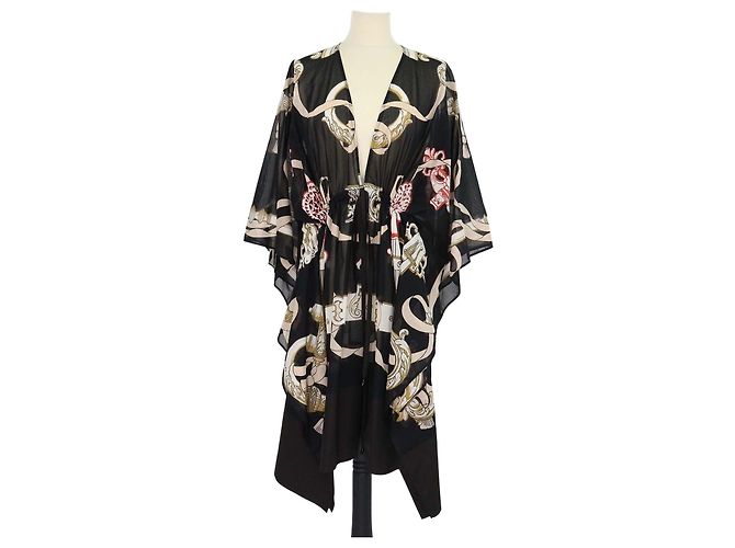 Hermès Hermes Black/Multicolor Cotton Ferronnerie Remix Strand-Kaftan-Kleid Schwarz Mehrfarben