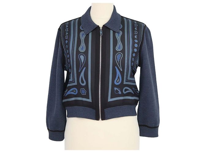 Hermès Polo a Maniche Lunghe Hermes in Misto Seta e Lana Blu con Stampa Candy Libris