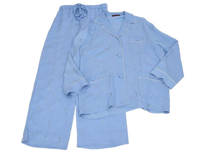 Set Camicia a Maniche Lunghe e Pantaloni Gucci in Misto Seta Blu con Perline di Cristallo