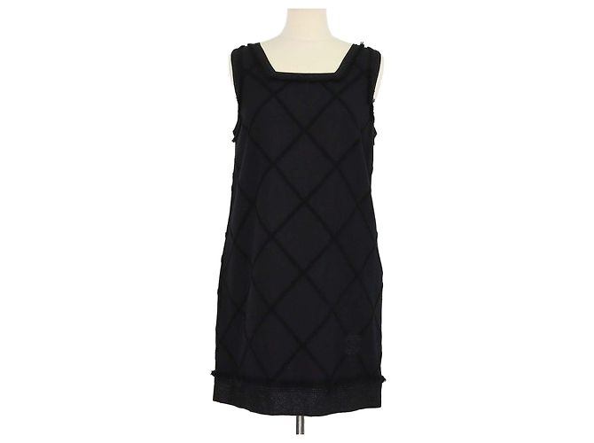 Vestido midi sem mangas acolchoado com franjas em mistura de algodão preto Chanel