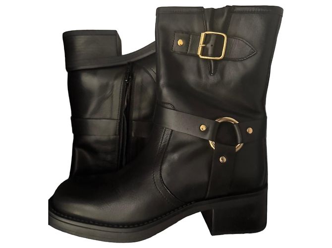 Minelli Black Leather Moto Boots