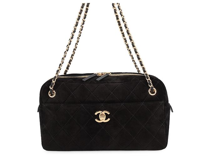 Borsa a tracolla Chanel in camoscio e pelle nera Nero