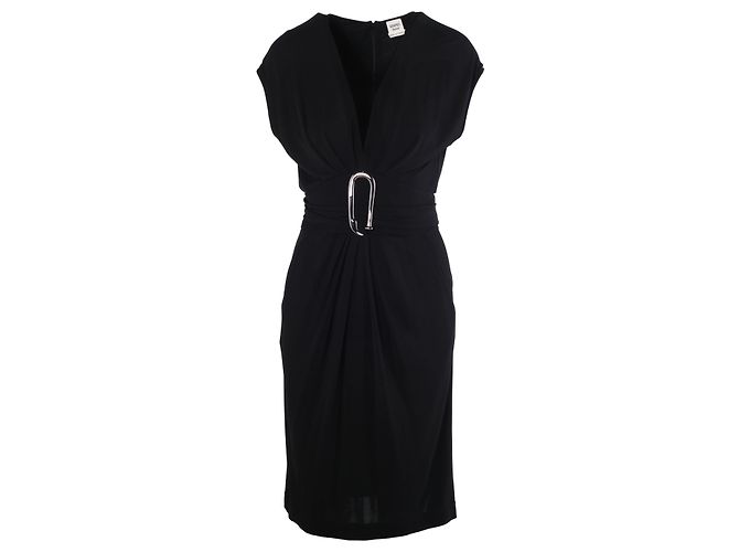 Vestido Hermès em jersey drapeado preto com fivela de gancho prateada oversized – anos 00