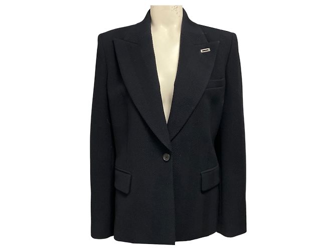Barbara Bui Navy Blue Ribbed One Button Wool Blazer