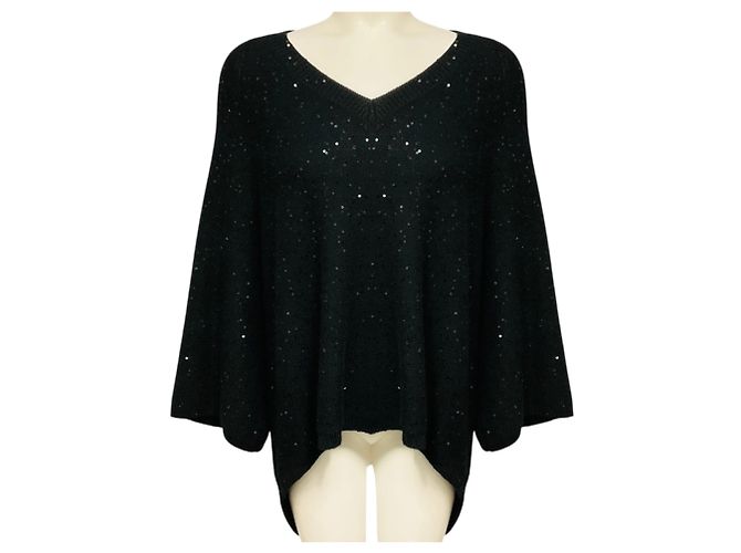 Pull High Low en maille de cachemire et soie à sequins noirs Brunello Cucinelli