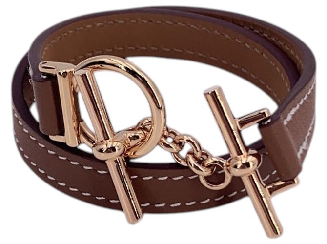 Hermès Bracciale Croisiere Double Tour in pelle marrone e hardware oro rosa Hermes