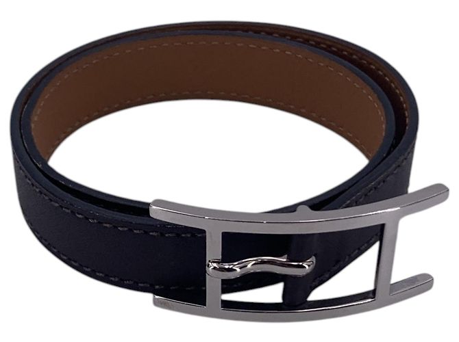 Hermès Bracciale Behapi Double Tour in pelle marrone scuro e hardware argentato Hermes