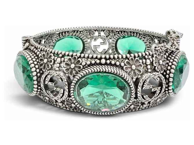 Bracciale rigido GUCCI Interlocking G Flower Cat Head Green Stone Argento