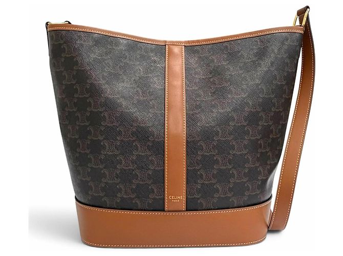 Céline Bolso de hombro Celine Medium Bucket Triomphe Canvas Calfskin Castaño