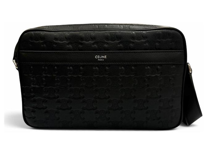 Céline Celine Leather Triomphe Medium Messenger Shoulder Bag Black