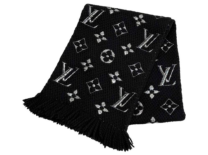 Sciarpa Louis Vuitton Logomania Shine in misto lana e seta Nero Argento