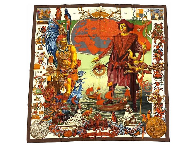 Hermès Hermes Les Ameriques Colombvs Seidentuch Braun Mehrfarben