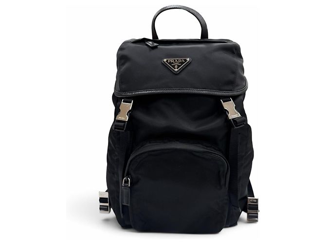 Prada Nylon Leather Triangle Logo Backpack Black