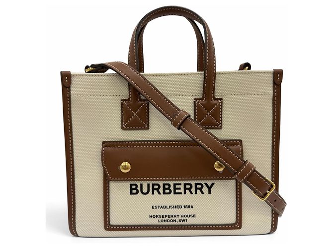 mala Tote 2-Way Mini Freya em lona e couro Burberry Marrom Cru