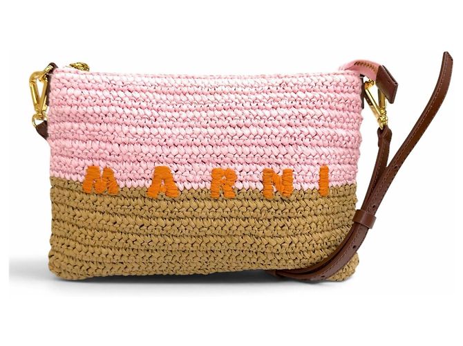 Marni Seaside Raffia Leather Bicolor Shoulder Bag Pink