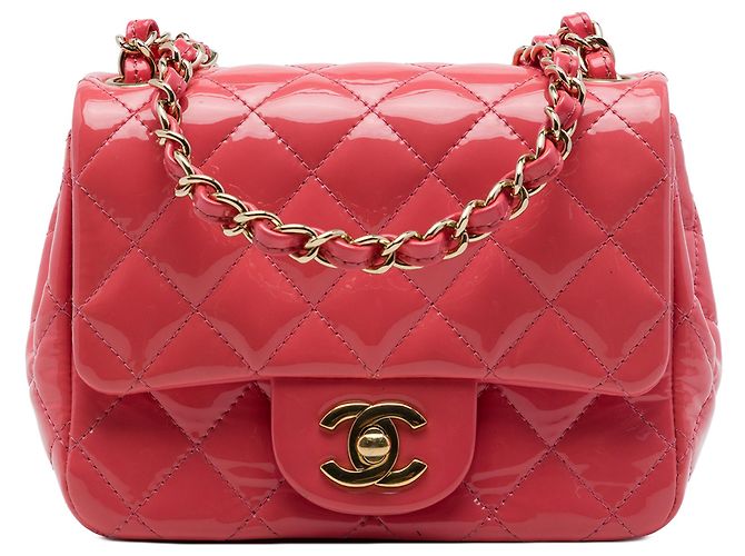 Chanel Pink Mini Square Classic Patent Single Flap Rose