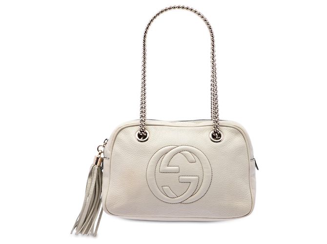 Bolsa de Ombro Gucci Soho em Couro Branco com Corrente e Zíper
