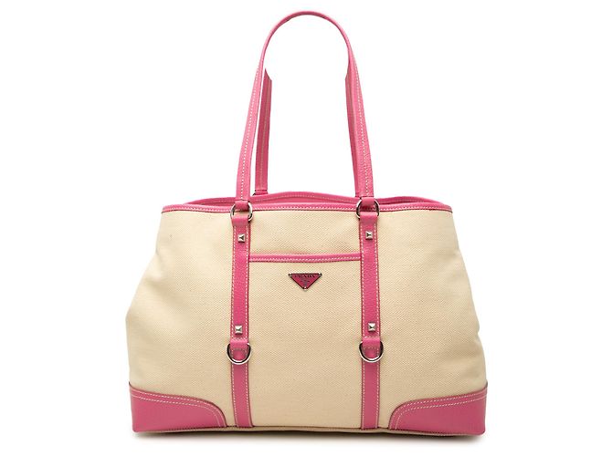Tote Prada em lona com bolso frontal e acabamentos em couro com tachas, bege Rosa