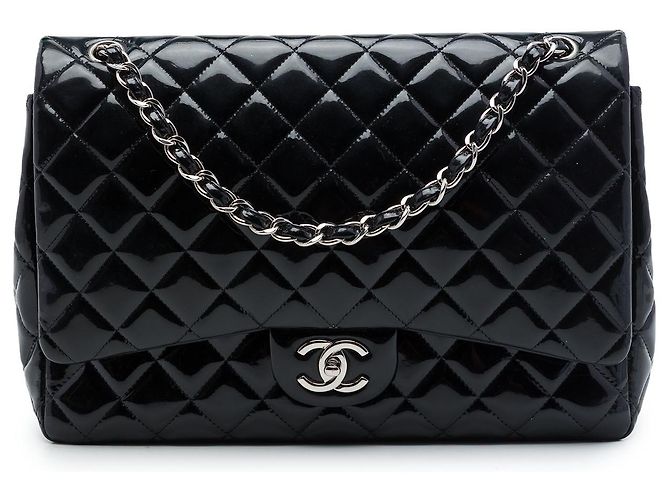 Chanel Black Maxi Classic Patent Double Flap Noir