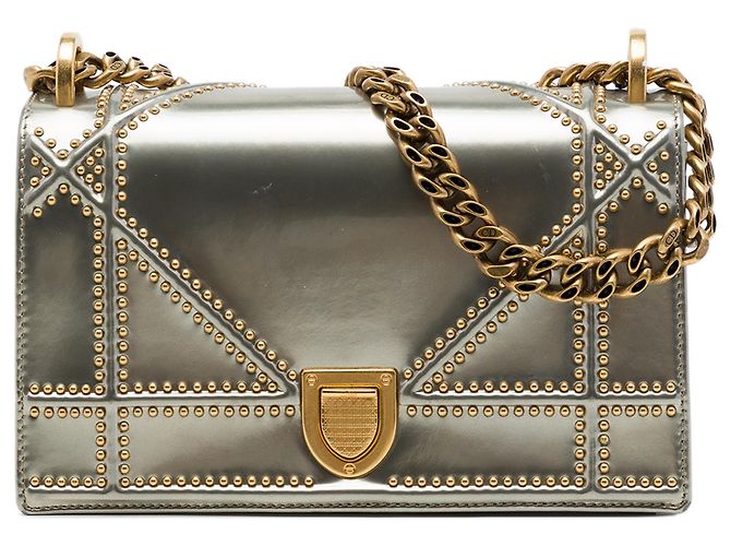 Autre Marque Dior Silver Small Studded Patent Diorama Flap Argento
