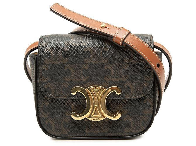Céline Celine Brown Mini Triomphe Coated Canvas Claude Crossbody Marrone Marrone scuro