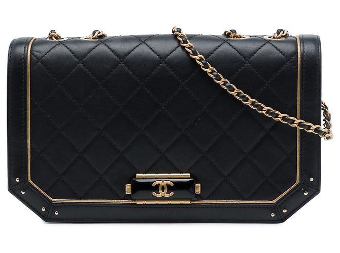 Chanel Black Medium Quilted Calfskin Octagon CC Clasp Flap Noir