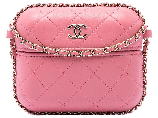 Mini Vanity Case Chanel em Lambskin Matelassé Rosa com Corrente