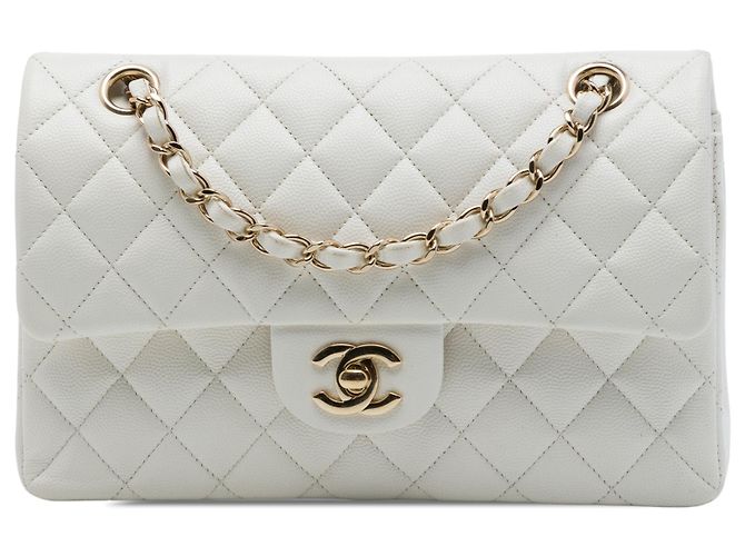 Chanel White Small Classic Caviar Double Flap Branco Fora de branco