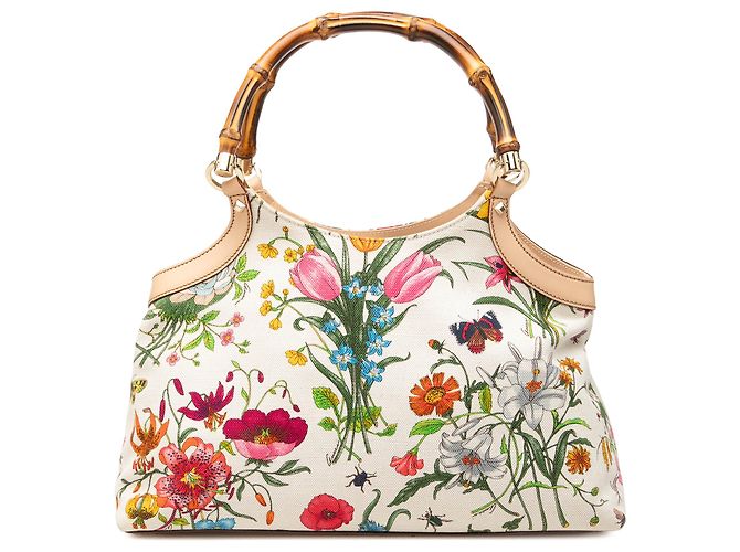 Bamboo Bolsa Gucci em lona Flora branca e bambu Branco