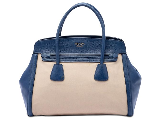 Bolsa Satchel Prada em Canapa com acabamento em couro Saffiano bege