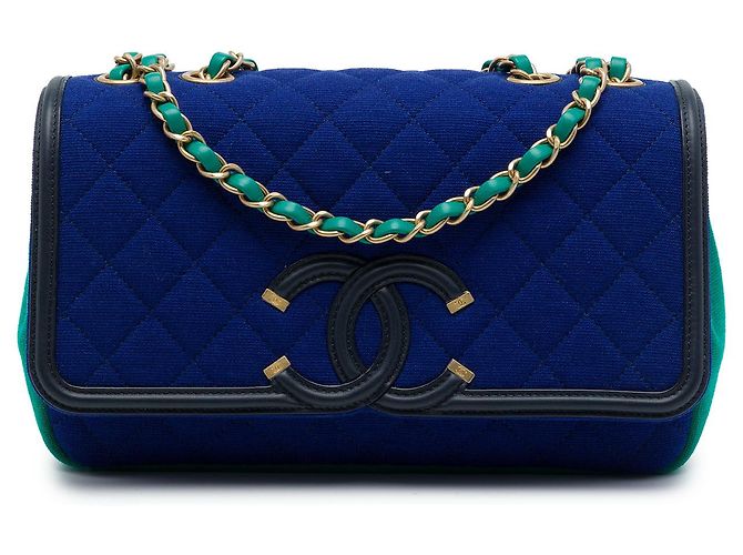 Chanel Blue Medium Tricolor Jersey CC Filigree Flap Azul