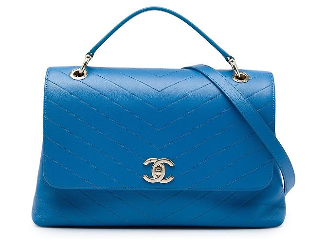 Chanel Blue Medium Grained Calfskin Chevron Chic Top Handle Flap