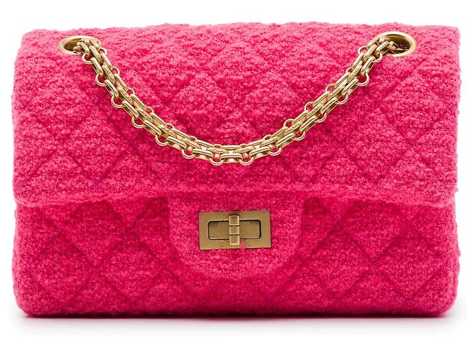 Chanel Mini Reissue 2.55 Single Flap 224 em tweed acolchoado rosa
