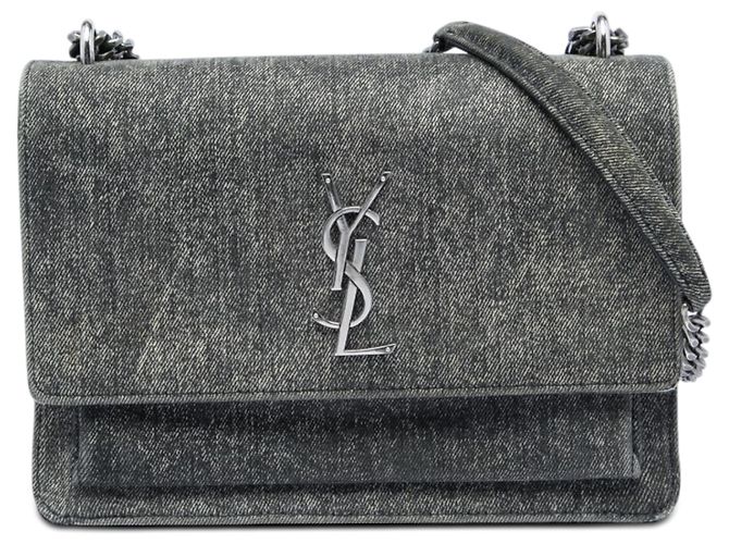 Autre Marque Saint Laurent Gray Medium Denim Monogram Sunset Crossbody Marrom Cinza antracite