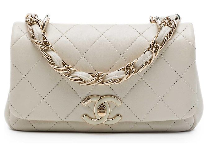 Chanel White Medium Quilted Lambskin Twist Chain Enamel CC Flap Blanc Écru