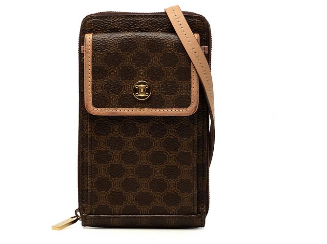 Céline Celine Brown Macadam Coated Canvas Wallet with Strap